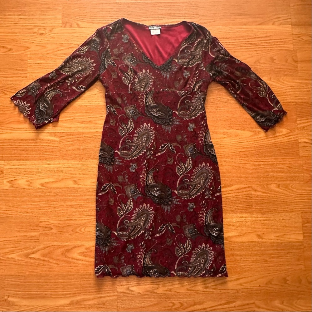 Burgundy Mesh Paisley Print Dress